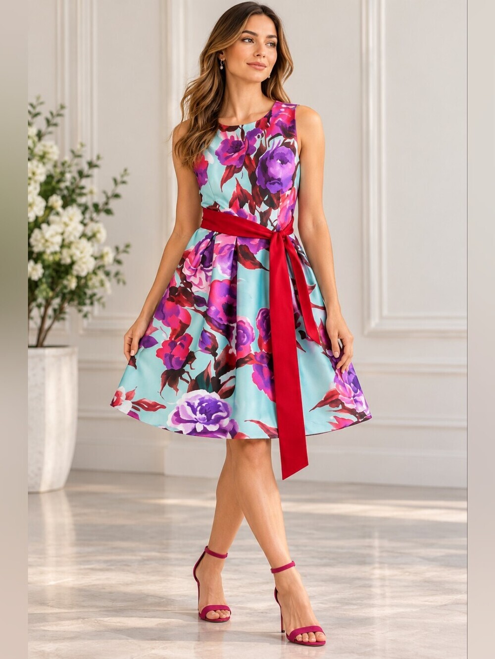 Floral Sleeveless Dress with Red Sash